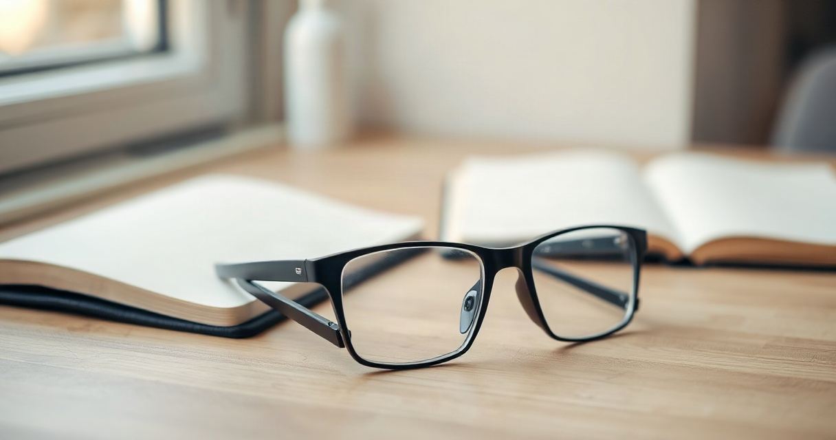 Brille mit auffällig kräftigen Bügeln auf einem hellen Holztisch, daneben ein aufgeschlagenes Notizbuch, Tageslicht von der Seite