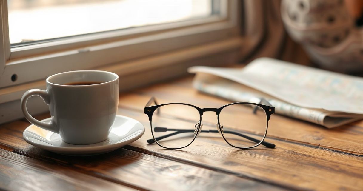 Brille auf einem Holztisch neben einer Kaffeetasse und einer gefalteten Karte am Fenster