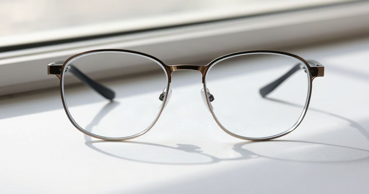 Brille mit klaren Gläsern auf einer hellen Fensterbank im Tageslicht
