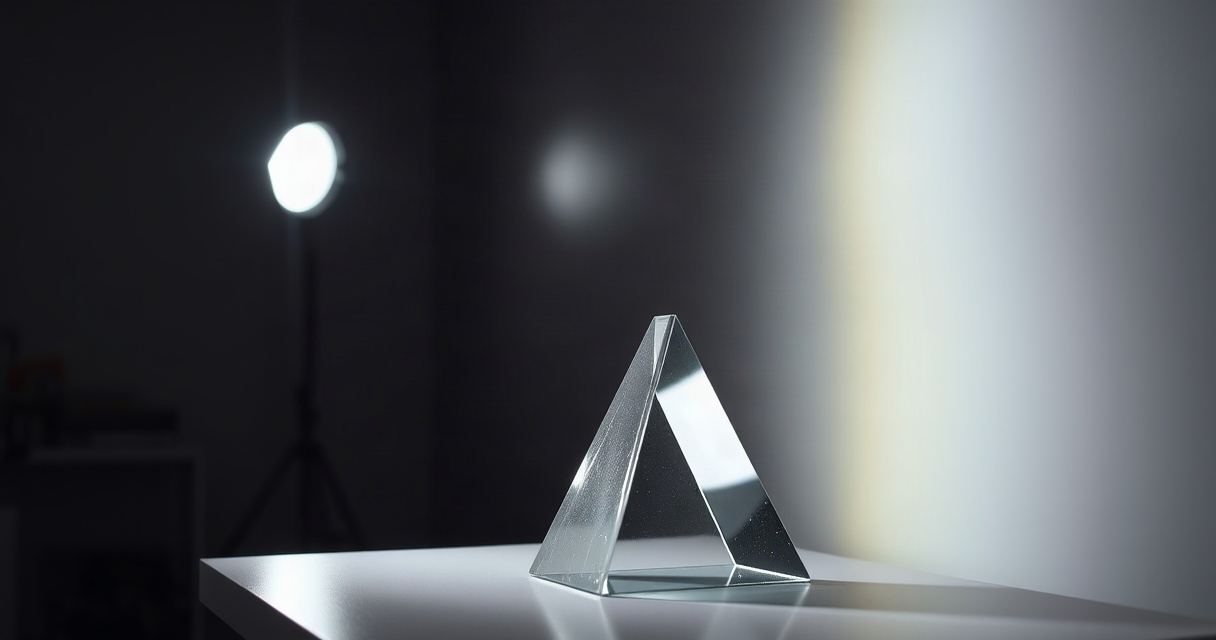 Ein Glasprisma auf einer weißen Fläche zerlegt einen Lichtstrahl in ein weiches Spektrum